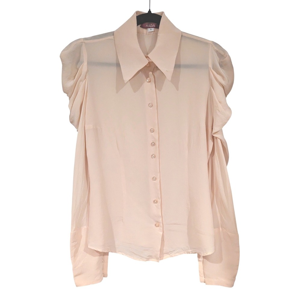 NADA Puffed Shoulder Blouse 8 Peach Sheer Long Sleeve Button Front Romantic Core